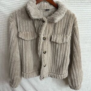 SHEIN Taupe Plush Button-Front Teddy Jacket with Collar